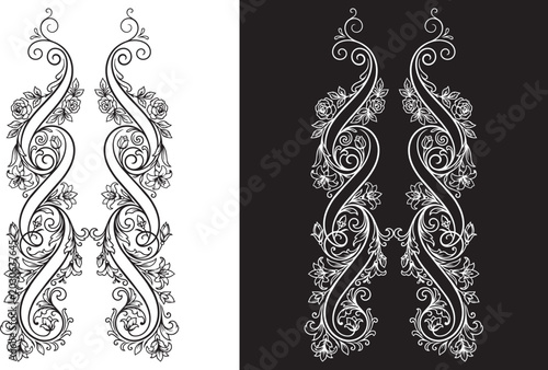 Quadro su tela Luxury symmetrical floral neckline embroidery design with ornate wave patterns and botanical filigree elements on dual backgrounds