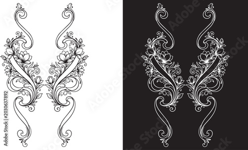 Tableau sur toile Luxury symmetrical floral neckline embroidery design template featuring elegant wavy scroll patterns and ornate botanical filigree elements