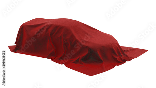 New car under red velvet cloth isolated on transparent background. 3D illustration