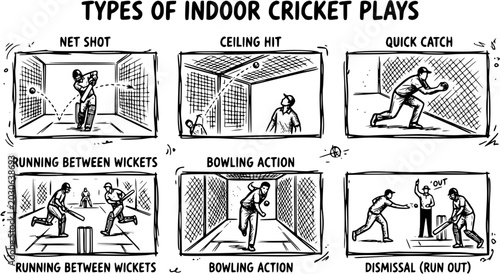 Tableau sur toile Types of Indoor Cricket Plays and Actions: Black and White Line Art Illustration
