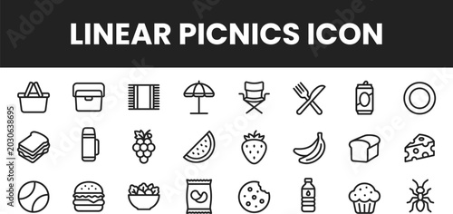 Linear picnic icon set for outdoor and food illustrations