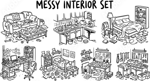 Cuadro en lienzo Hand-drawn Black and White Line Art Set of Messy Household Interiors and Cluttered Rooms