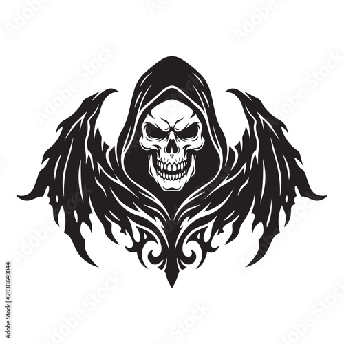 Black and white illustration of a hooded skull with wings.