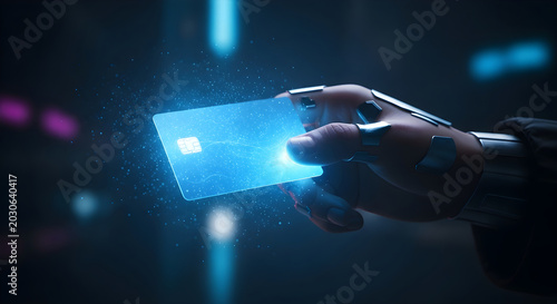 Robotic hand holding a glowing digital credit card