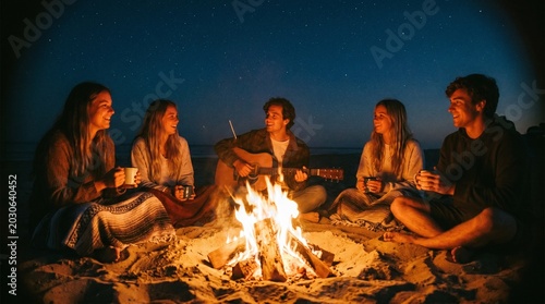 Young friends gathered around a beach campfire at night