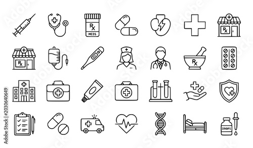 Konstfotografi Medical drugs line icons healthcare pharmacy pills syringe vector editable strok