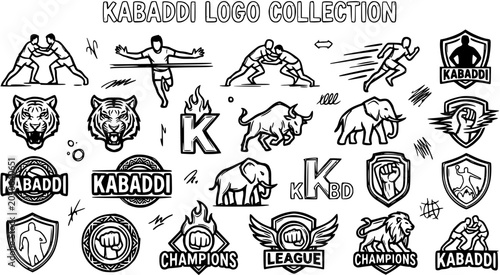 Bild auf Leinwand Kabaddi Sports Logo Collection in Black  White Line Art