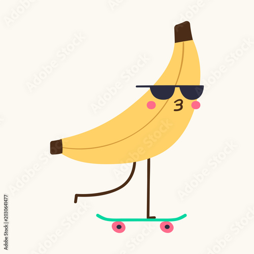 Canvastavla Cool banana character riding skateboard for kids summer streetwear prints and tr