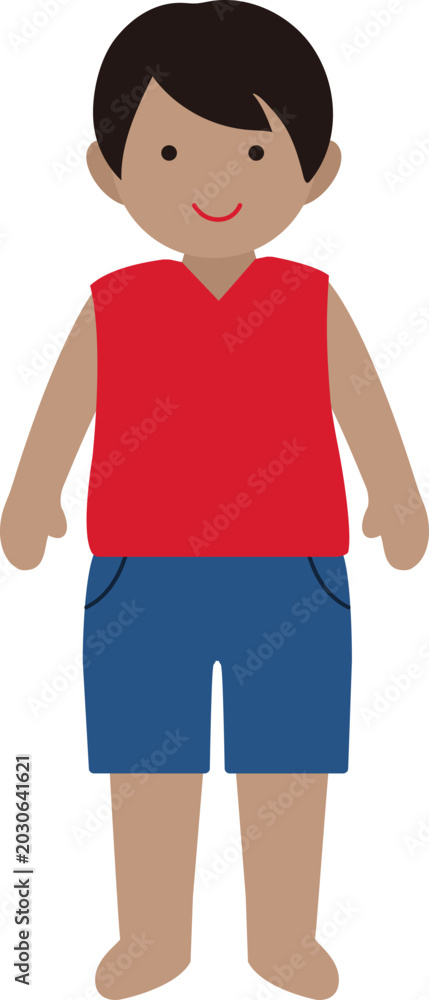 Fototapeta premium Cute Happy Boy wearing sleeveless clothes and shorts Clip art. Summer Boy Vector Illustration. Transparent background. 