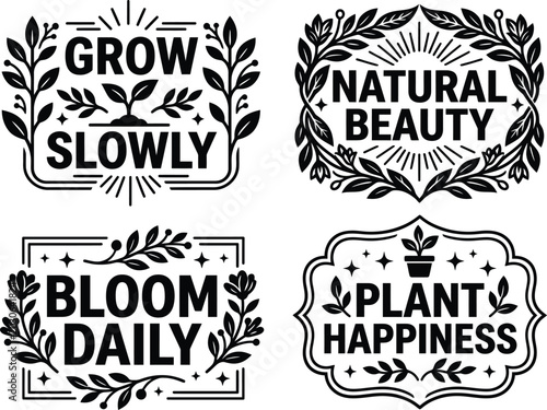 Bilde på lerret Group of four graceful black and white botanical quote labels with up-to-date uncluttered typography and floral decorations