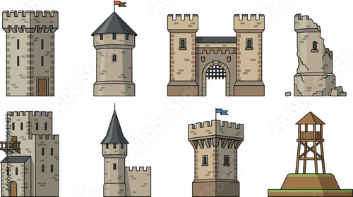 Schilderij op canvas Medieval Castle Tower Icon Set with Ancient Stone Fortresses Gates Ruined Citade