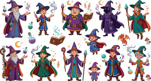 Foto Cartoon Wizard Character Set with Magic Sorcerers Witches Potions Spell Books an