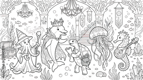 Photography Underwater fantasy kingdom coloring page, ocean animals in royal palace vector,