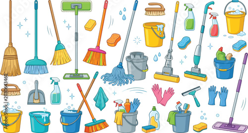 Tableau sur toile Cartoon Cleaning Tools Icon Set with Brooms Mops Buckets Detergents Sprays and R