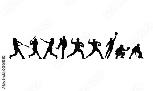 Foto Baseball player silhouette set various actions black on white background