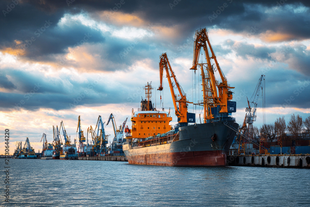 Obraz premium Containers are loaded and unloaded at the cargo sea port. Cranes move goods while large ships dock along the waterfront. Workers manage operations on the ships and wharf