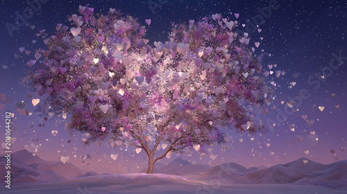 Tree made of glowing flowers and hearts under starry night sky with snow-covered ground