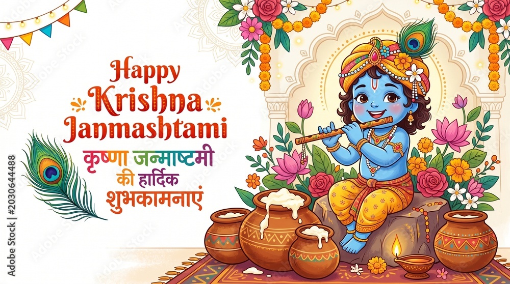 Naklejka premium Creative paper style on white indian traditional background design for celebration of janmashtami festival of india. Lord krishna playing flute. Translation in english Jai shri krishna.