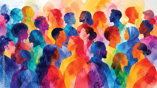 Fotografia A vibrant abstract watercolor painting of a diverse group of people united featu