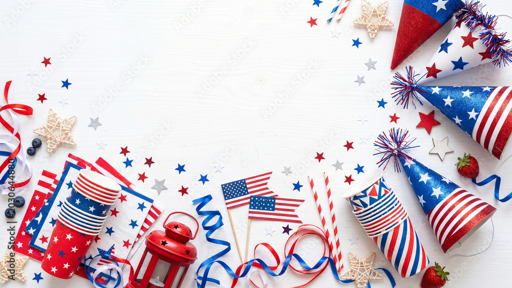 Obraz premium Independence Day decorations including miniature flags, party hats, and patterned napkins are organized in a circular frame on a plain surface to highlight the aesthetic of a classic American holiday.