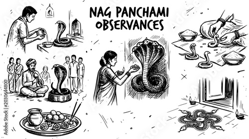 Foto Hand-Drawn Black  White Line Art Illustration: Nag Panchami Indian Hindu Festiva