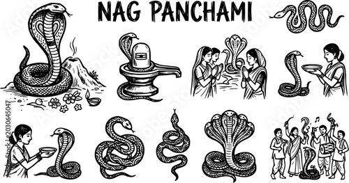 Bild auf Leinwand Nag Panchami Hindu Festival Snake Worship Collection - Black  White Hand-drawn L