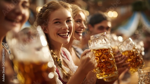 Group of friends cheering with overflowing beer mugs at festive outdoor celebration in warm golden light