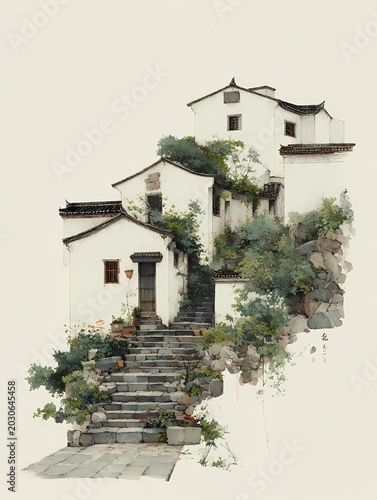 Charming two-story house with staircase and greenery in minimalist line art illustration