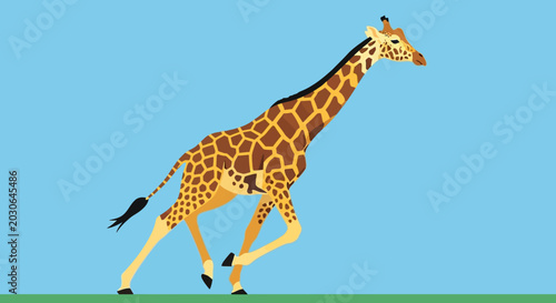 Bild auf Leinwand Cartoon Giraffe Running on Green Grass Against Blue Sky