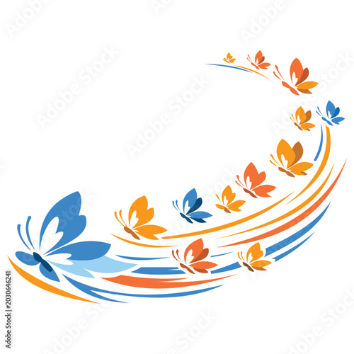 Dynamic butterfly vector in blue and orange shades, arranged in a sweeping curved pattern to symbolize flight, transformation, and freedom.