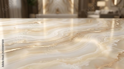 Polished beige and white onyx surface with gold veins