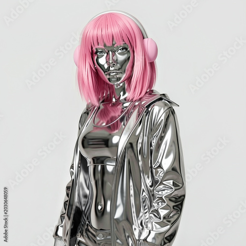 Futuristic 3D rendering of a chrome metallic female cyborg with pink hair and headphones against white background.
