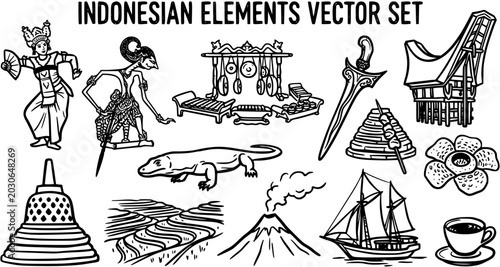 Tableau sur toile Indonesian Elements Vector Set: Traditional Culture, Landmarks, Nature - Black