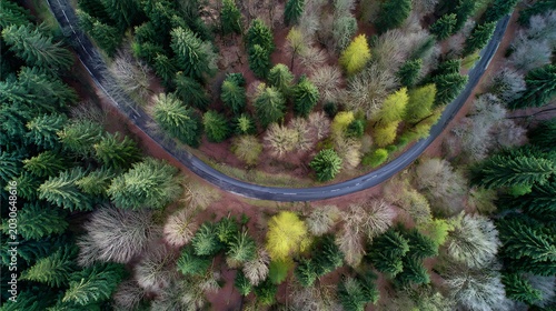 Aerial view of a winding road through a lush autumn forest.