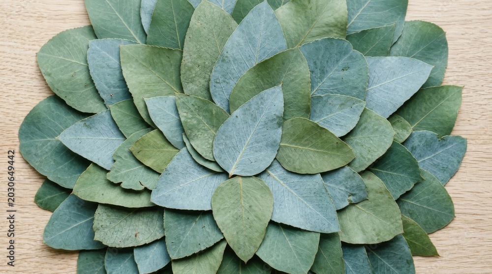 Fototapeta premium Circular arrangement of green and blue leaves on wooden surface