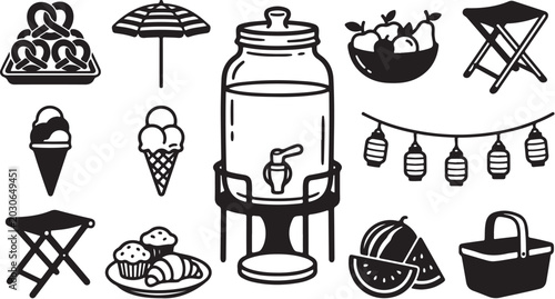 Black and white picnic illustration with food items