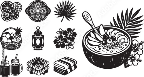 Tropical Fruit and Food Illustration Vector Set Black