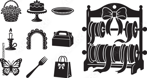 Black and white illustration of various objects