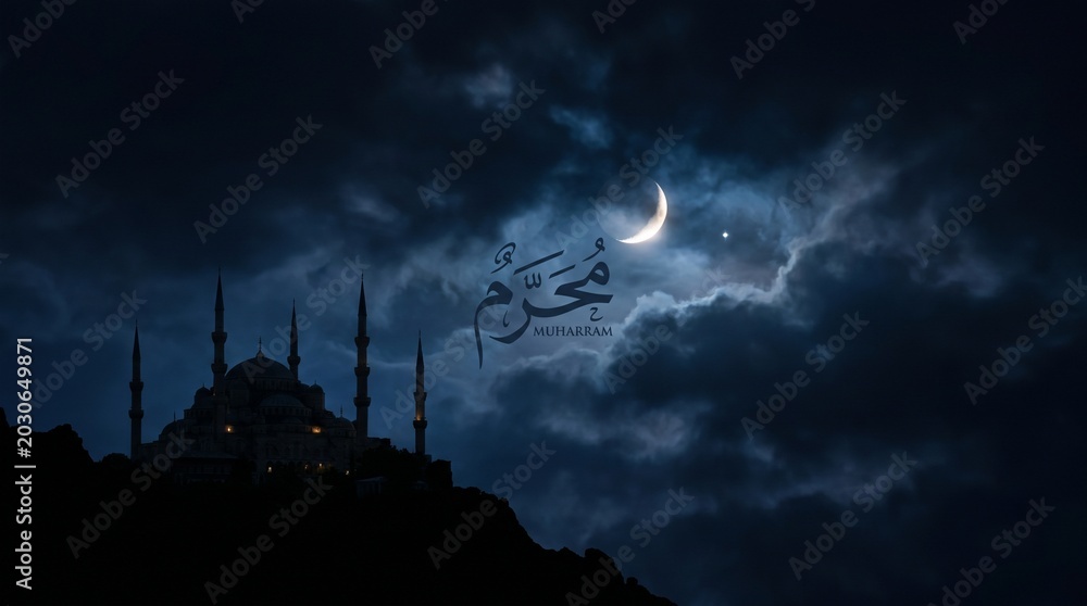 Naklejka premium Dramatic night Mosque silhouette beneath a cloudy sky, illuminated by a crescent moon and star, evoking spiritual reflection