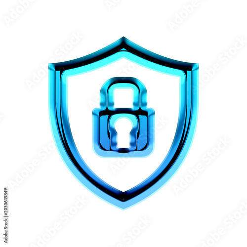 3D glossy security shield icon, blue metallic protection symbol with padlock, isolated on transparent background, cybersecurity and data safety