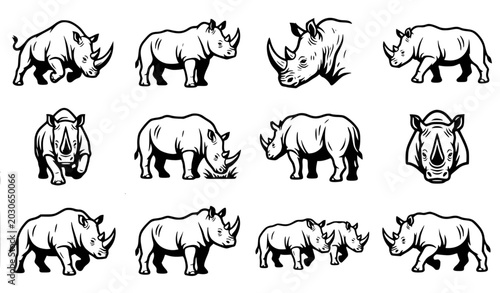 Bild auf Leinwand Strong Rhinoceros Clipart Set, 12 Stylized Black and White Flat Vector Illustrat