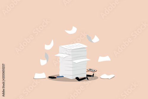 Konstfotografi Excessive and too much workload makes employees exhausted and stressed, which leads to depression, mental exhaustion, a businessman buried under a pile of documents