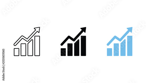 Tableau sur toile Growth chart bar icon set with upward arrow in outline solid and colored vector