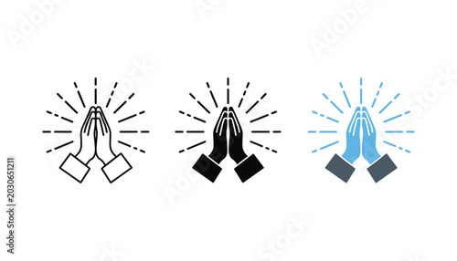 Картината върху платно Praying hands icon set with radiating light in line art solid black and flat col