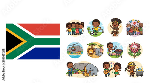South African cultural icons and national flag illustration set featuring cute chibi characters, Table Mountain, safari wildlife, traditional drumming, braai barbecue, and mining motifs.
