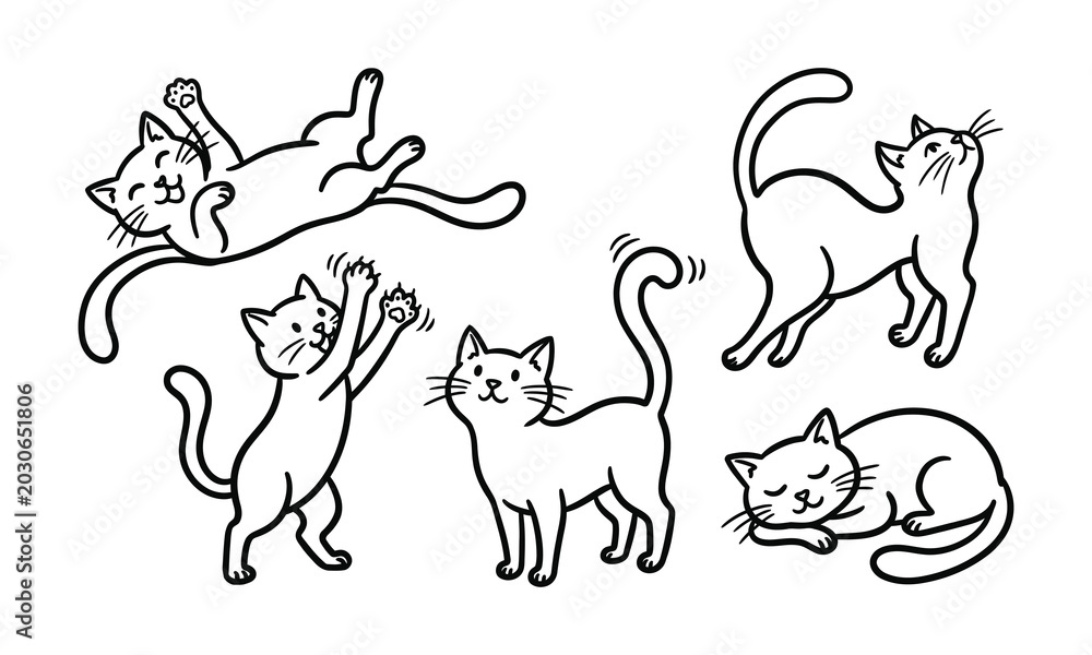 Fototapeta premium Silhouette of five cats in various playful poses