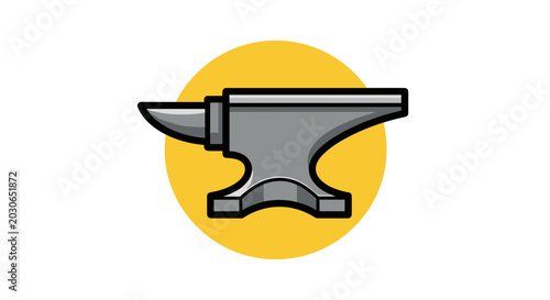 Industrial anvil icon, metal workshop symbol, yellow circle logo isolated on White Background