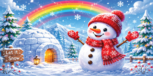 Photos Winter Snowman Scene with Rainbow, Igloo, Snowflakes, and Festive Christmas Wond