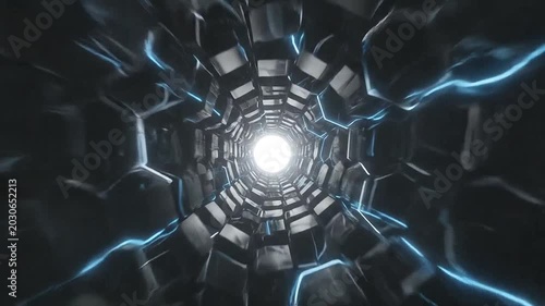 A dark tunnel with glowing blue hexagonal geometric patterns inside