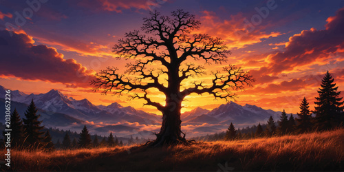 Photos Lonely Tree at Sunset with Dramatic Sky, Mountain Landscape, and Fantasy Nature